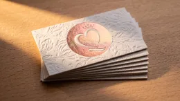 After: a cream business card with an all-over floral emboss texture and a rose-gold foil heart monogram.
