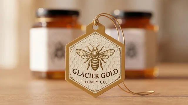 A gold hexagonal hang tag for Glacier Gold Honey Co. with a foiled bee and honeycomb illustration, strung on a gold cord in front of blurred honey jars.
