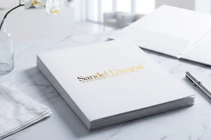 A presentation folder with a debossed logo and layered edge.
