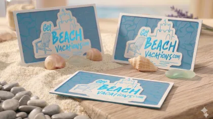 Blue beach-themed die-cut keepsake cards resting on sand with a seashell.