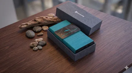 A teal SilkCards gift box styled on a wood surface with driftwood and smooth stones.