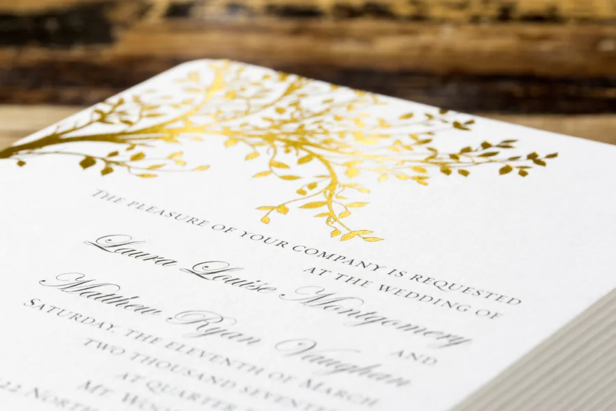 Gold foil letterpress wedding invitation postcard with rounded corners on ultra thick stock