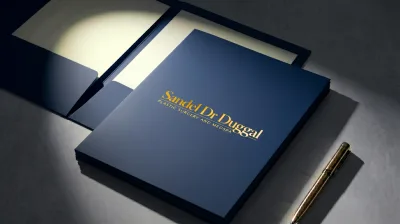 Navy pocket presentation folder with a gold foil logo
