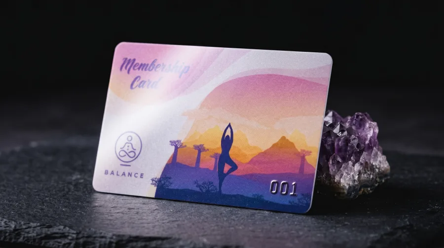 A 30mil plastic business card with a cool silver pearlescent shimmer.