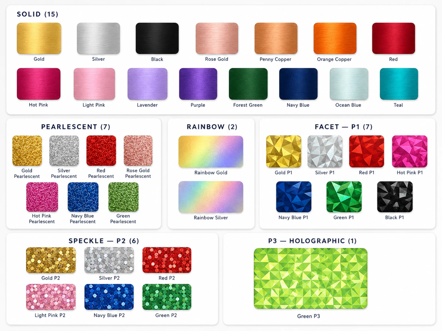 SilkCards foil range chart showing the full collection of solid, pearlescent, rainbow, facet P1, speckle P2, and holographic P3 foils.