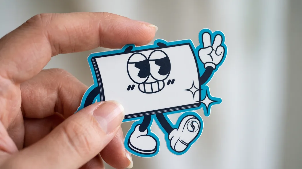 A hand holds a single die-cut logo sticker, cut to the shape of the mark it carries.
