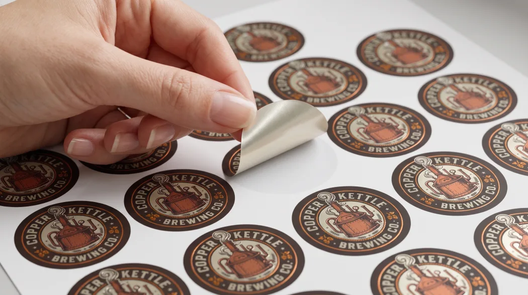 A hand peels a single circular sticker from a sheet of matching repeated stickers, demonstrating the multi-up sheet format.